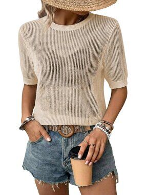 Women Solid Summer Short Hollow Out Floral Sweaters Beach Vacation Cruise Tops